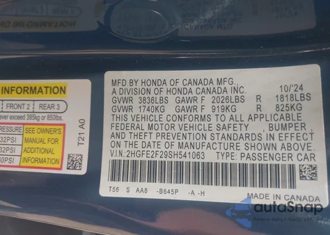 2025 Honda Civic Lx z USA, uszkodzony, nr VIN 2HGFE2F29SH541063